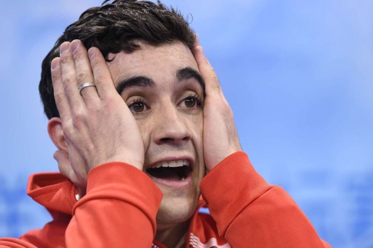 Javier Fernandez of Spain reacts after  the men&#039;s free skating of the 2015 ISU World Figure Skating Championships at Shanghai Oriental Sports Center in Shanghai, on March 28, 2015.   AFP PHOTO / JOHANNES EISELE