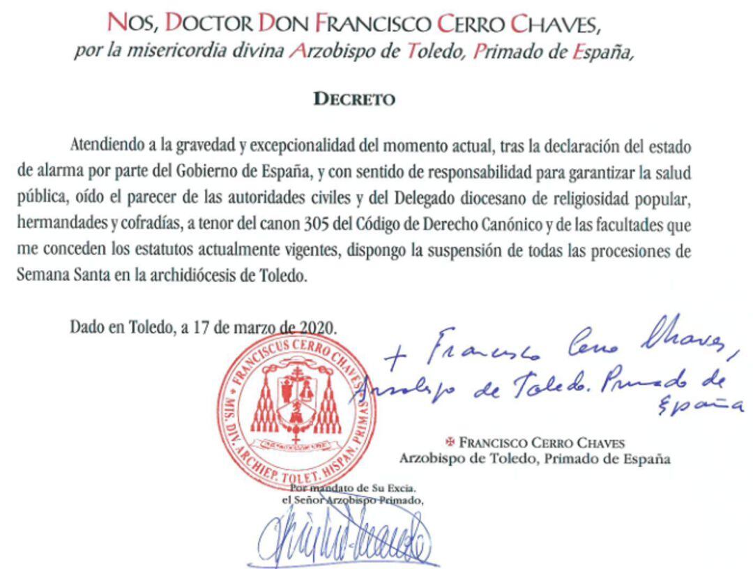 Decreto firmado por Don Francisco Cerro