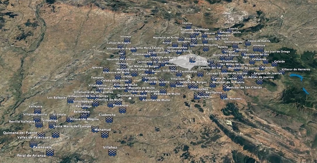 Plano de localidades abastecidas desde la red de Aguas de Burgos