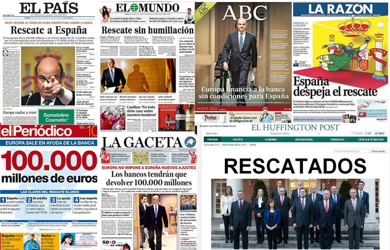 Portadas de junio de 2012 que recogen el rescate a la banca española.