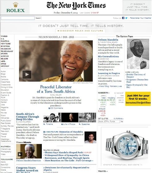 La muerte de Nelson Mandela, en la edición digital de &#039;The New York Times&#039;