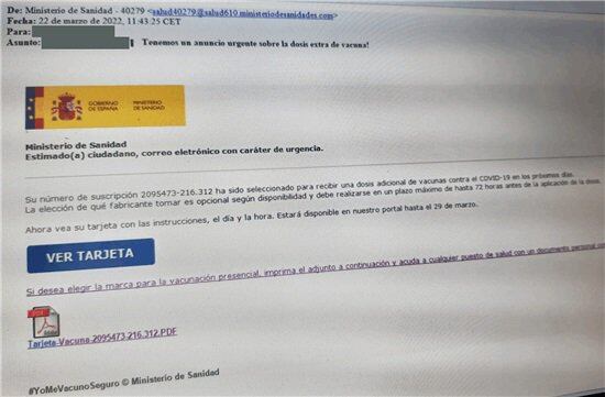 La Asociación Valenciana de Consumidores y Usuarios (Avacu) alerta de un nuevo intento de fraude a través de correos electrónicos supuestamente enviados desde el Ministerio de Sanidad que informan de una falsa dosis extra de vacuna contra el coronavirus.