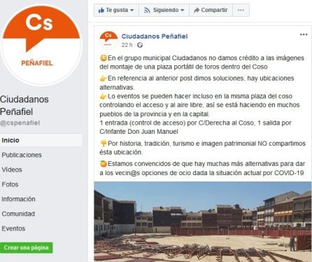 Esta es la publicación en la que Ciudadanos critica la instalación de la plaza portatil en la Plaza del Coso.