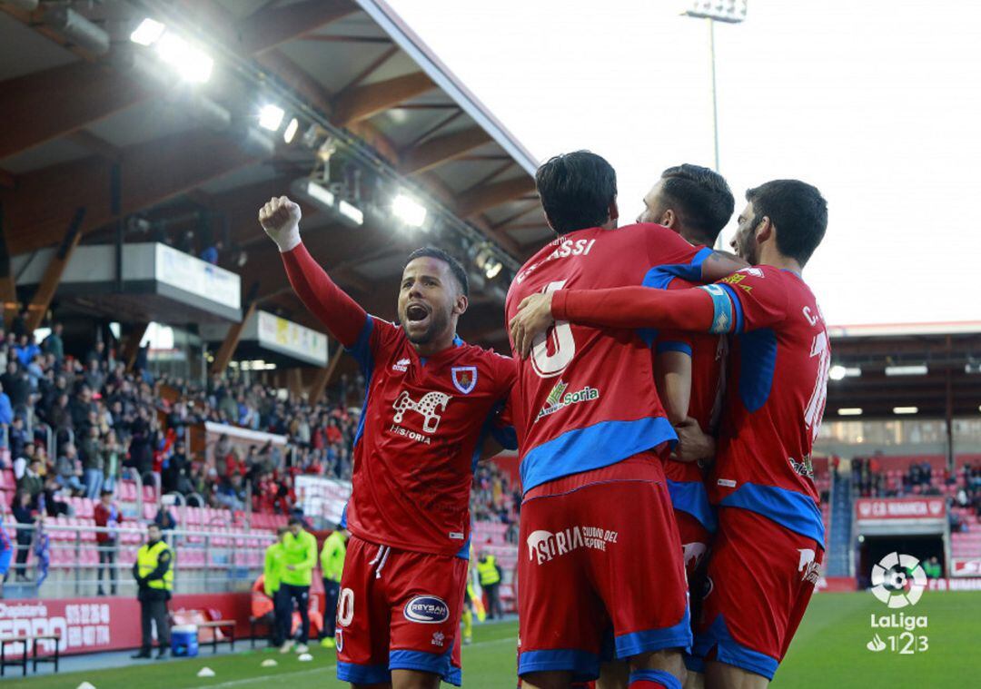 Los jugadores del Numancia celebran uno de los goles ante el Granada en Los Pajaritos.