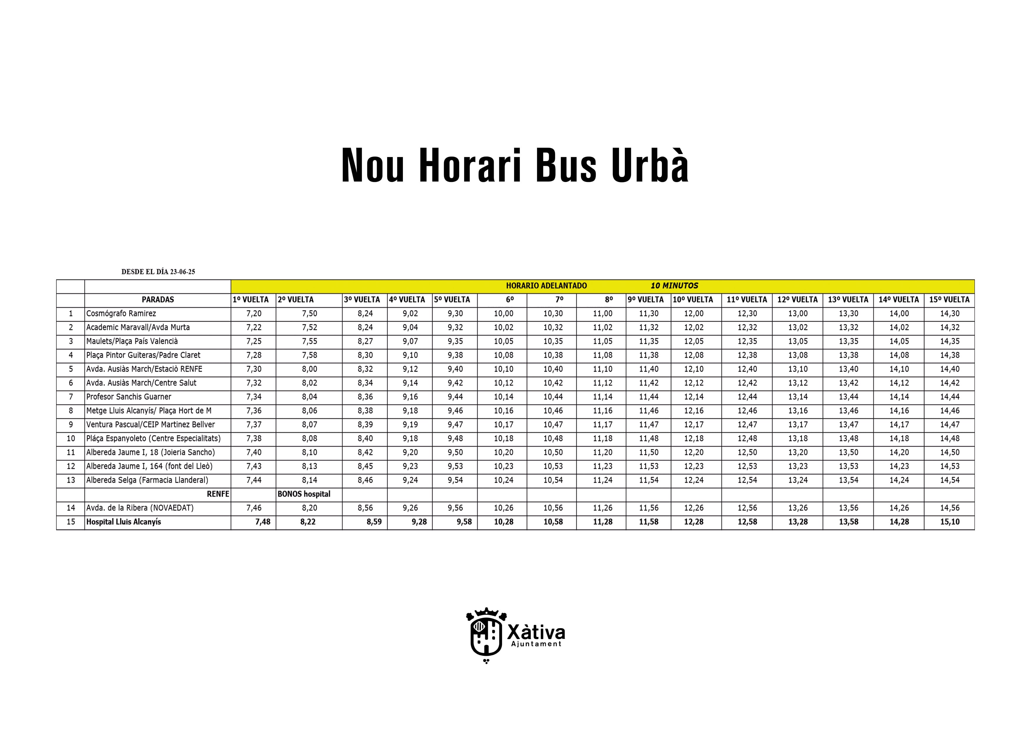 Nuevo horario del bus urbano de Xàtiva. Fuente: Ajuntament de Xàtiva