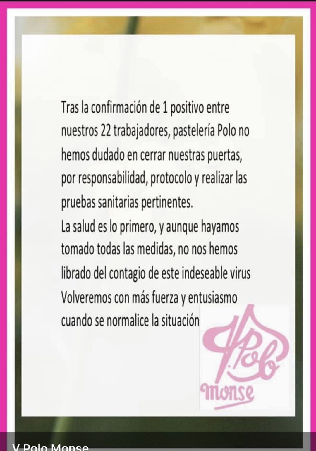 Mensjae difundido en redes por Pastelería Polo