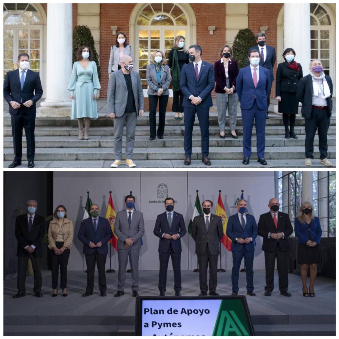 Arriba, el Gobierno de la Nación junto a patronal y sindicatos. Abajo, el Gobierno de la Junta de Andalucía junto a representantes empresariales de la comunidad.