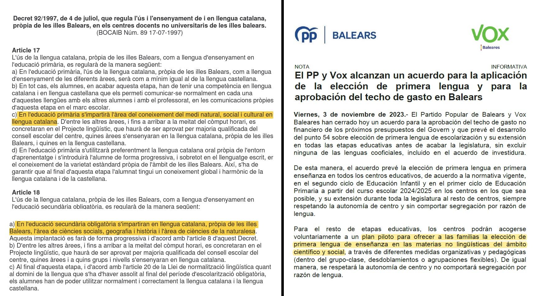 A la izquierda, dos fragmentos del Decreto de Mínimos aprobado en 1997. A la derecha, el comunicado conjunto de PP-Vox explicando el acuerdo alcanzado el pasado viernes