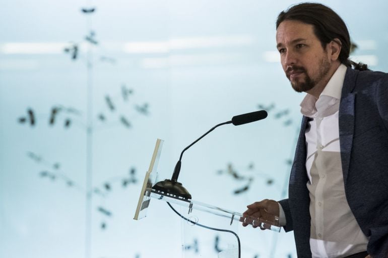 El secretario general de Podemos, Pablo Iglesias,durante su intervención en un desayuno informativo.