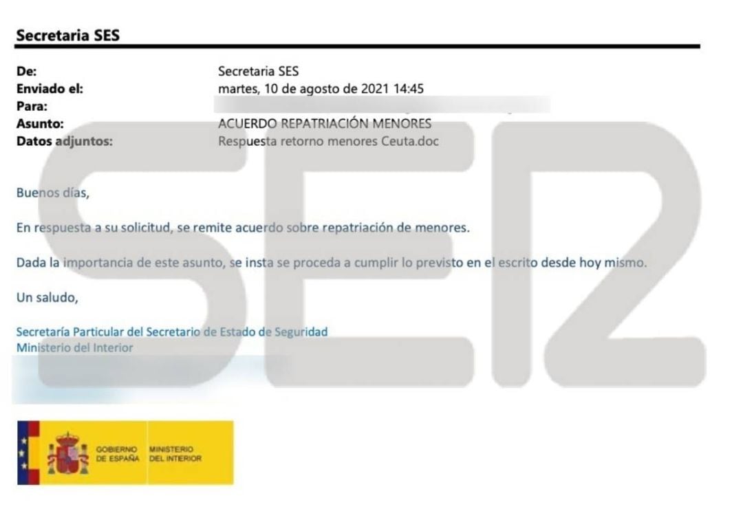 Correo de la Secretaría de Estado de seguridad en el que se ordena el inicio de los traslados de menores