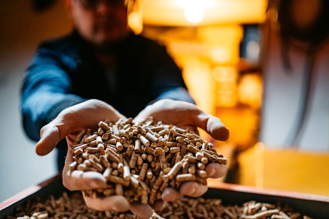 Un hombre sostiene con sus manos un puñado de pellets