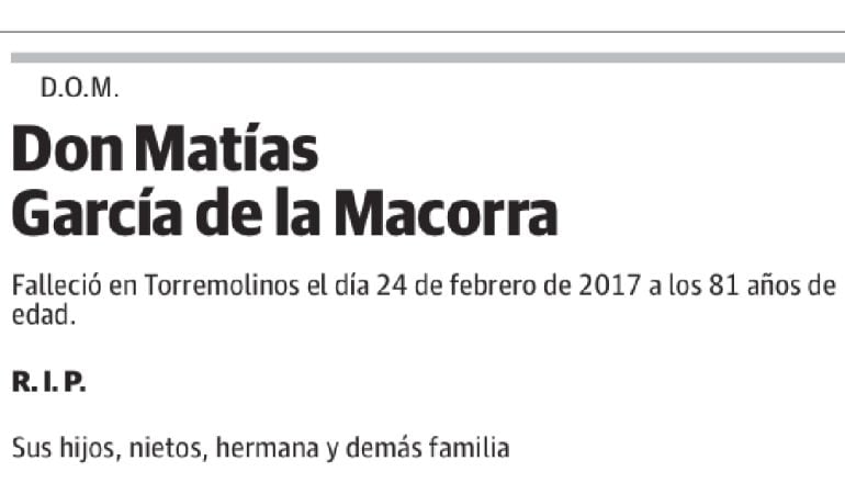 Esquela de Matías García de la Macorra publicada en el diario &#039;Sur&#039;.