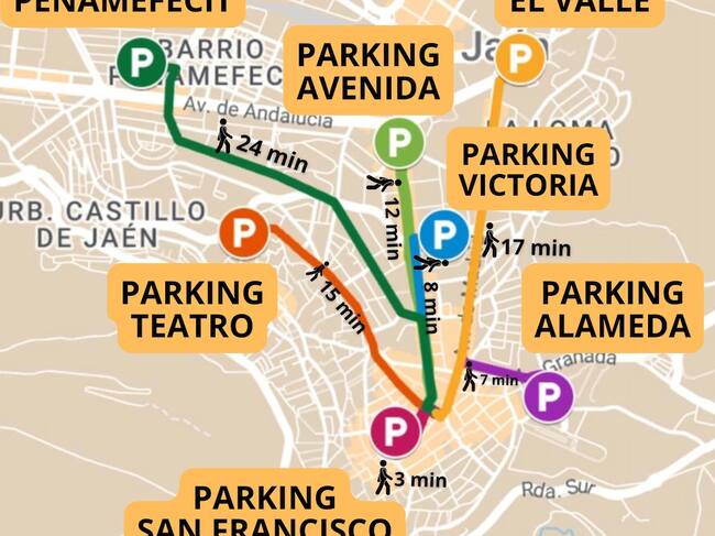 Mapa aparcamientos públicos de Jaén.