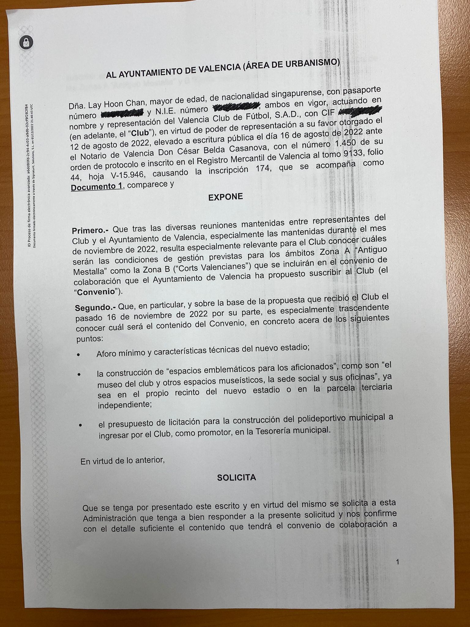 Respuesta del Valencia CF al Ayuntamiento el 1 de diciembre