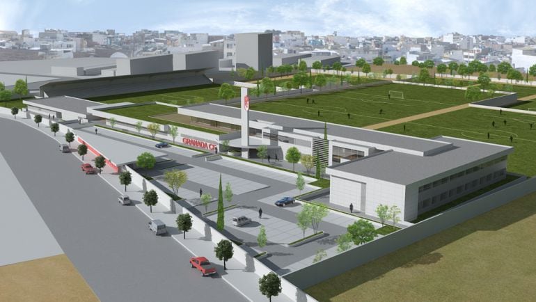 Imagen virtual de las nuevas dependencias de la Ciudad Deportiva del Granada (en primer término) y de los nuevos campos de fútbol (al fondo).