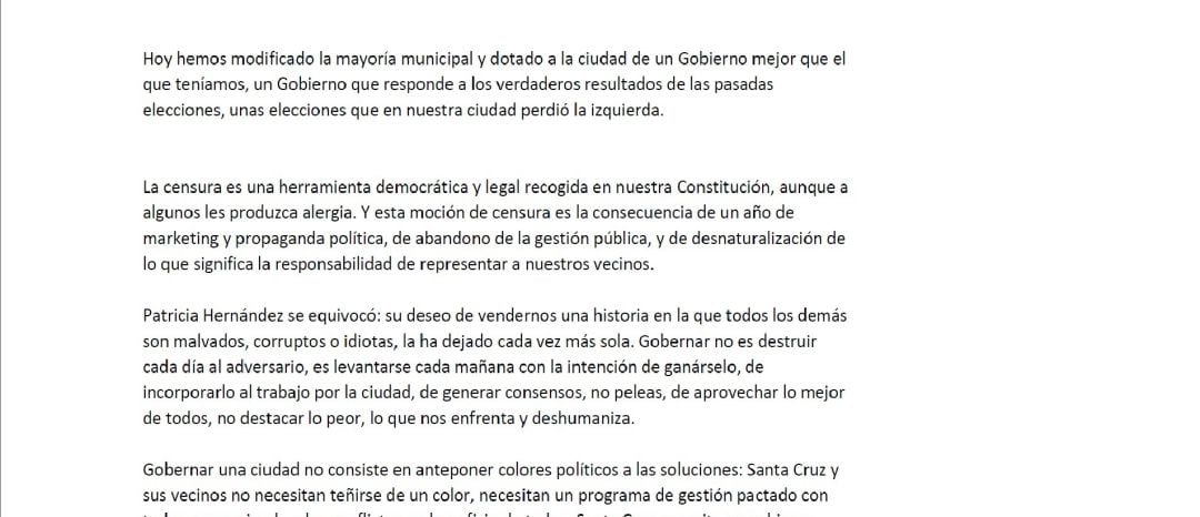 Inicio del discurso preparado por Evelyn Alonso para el debate de la moción de censura en el Ayuntamiento de Santa Cruz de Tenerife.