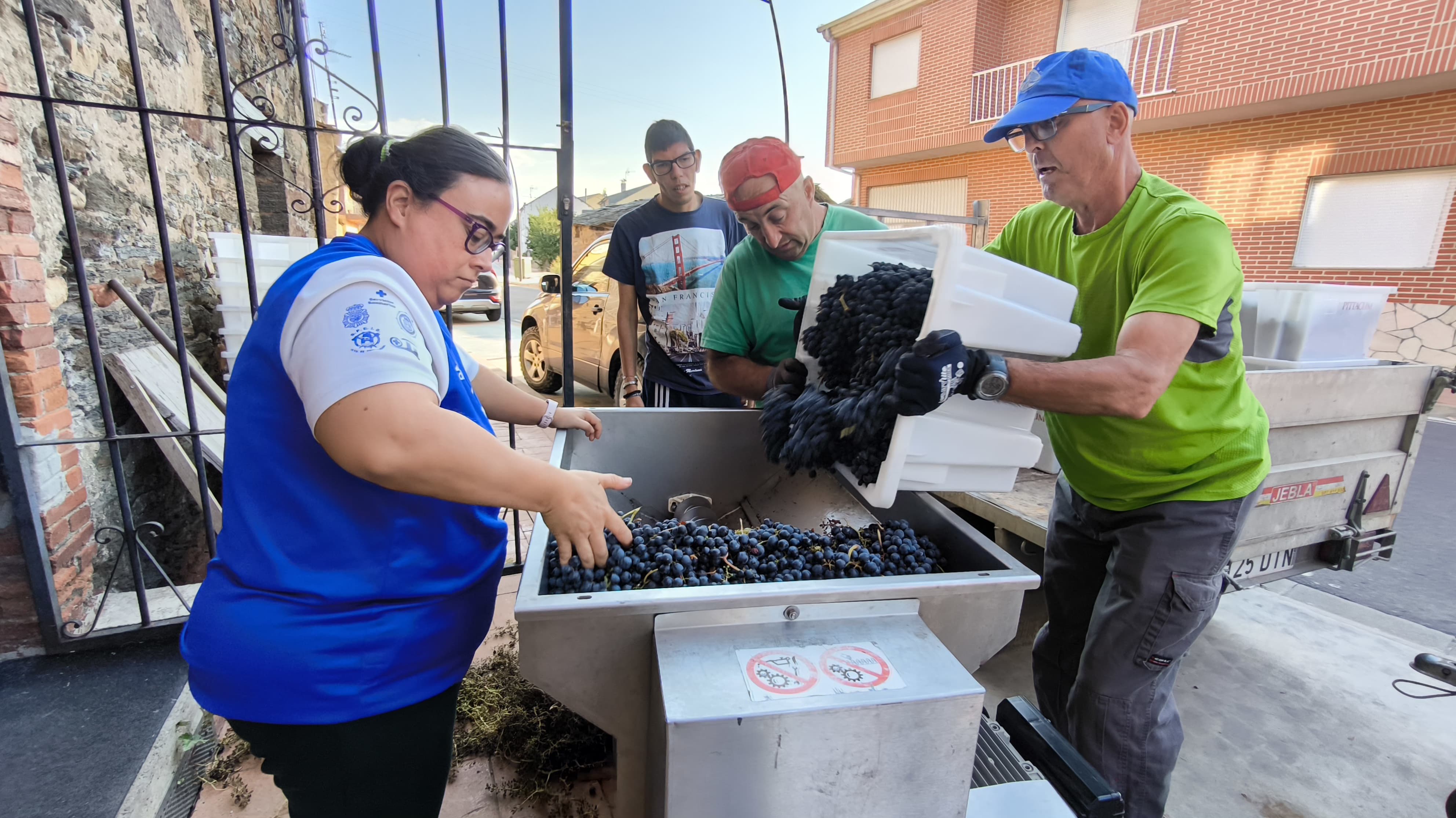 Los cuatro elaboradores despalillando los racimos
