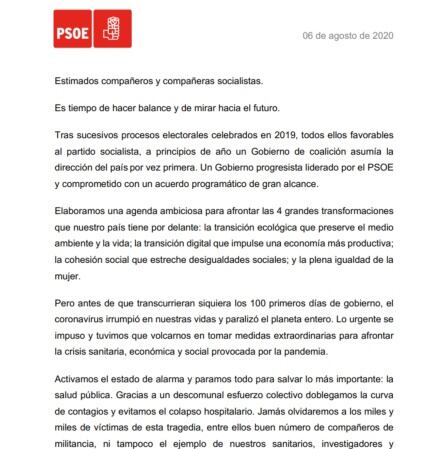 Carta de Pedro Sánchez a la militancia del PSOE.