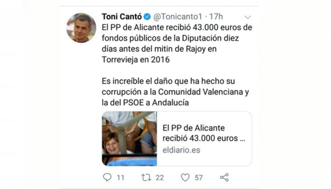 Tuit de Toni Cantó, borrado horas después, donde critica la corrupción del PP en la Comunitat Valenciana.