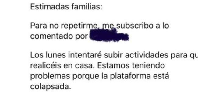 Documento mandado a las familias ante el colapso en la página