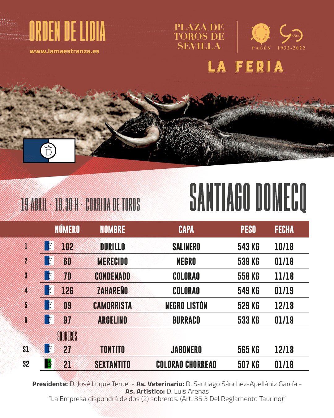 Orden de lidia de los toros de Santiago Domecq para la corrida de este miércoles