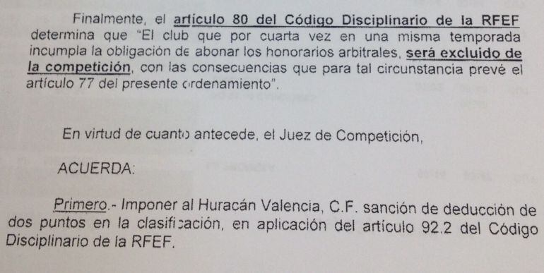 Documento de la sanción de la Federación Española de Fútbol a Huracán