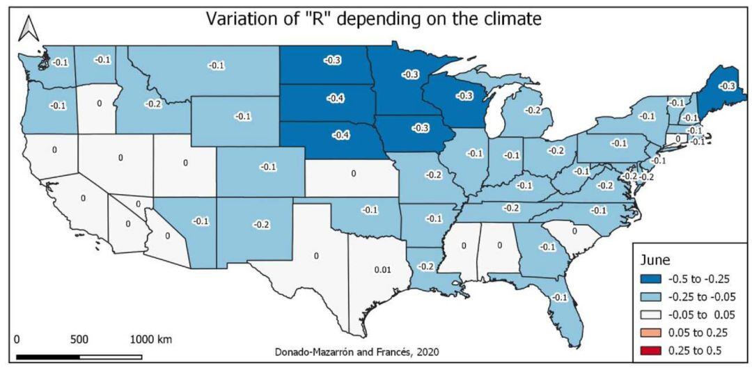 Mapa USA efecto del clima en la propagación del virus en el mes de junio 