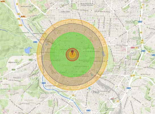 Radio de destrucción si hubiera caído la bomba atómica de Hiroshima sobre Madrid.