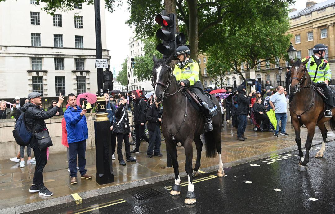 Agentes de la policía montada controlan una manifestación contra las medidas de confinamiento por el COVID en Londres.