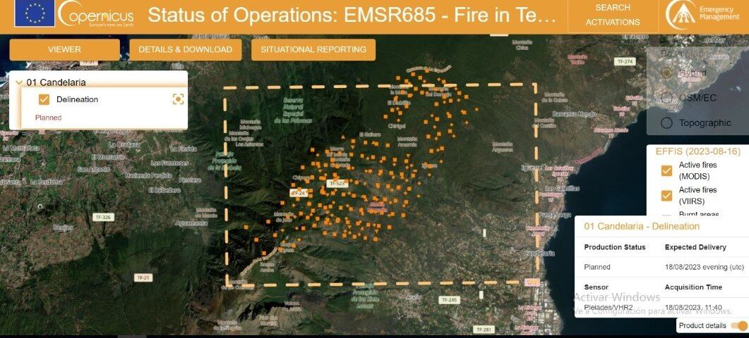 Mapa del incendio de Tenerife facilitado por la UME