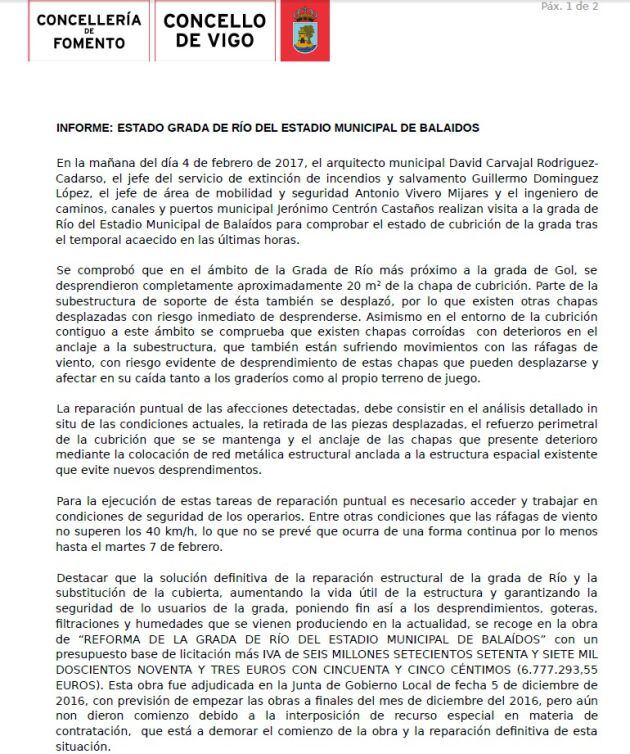 El Informe Técnico sobre el estado de Balaídos