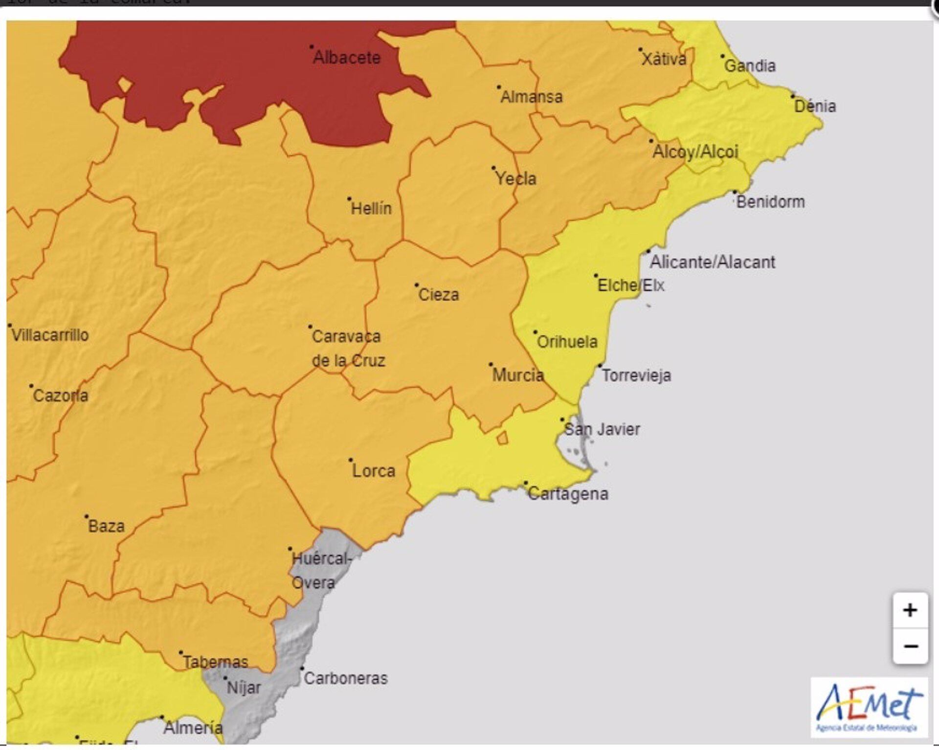 Avisos meteorológicos adversos actuivos el 11 de julio de 2023 en la Región de Murcia