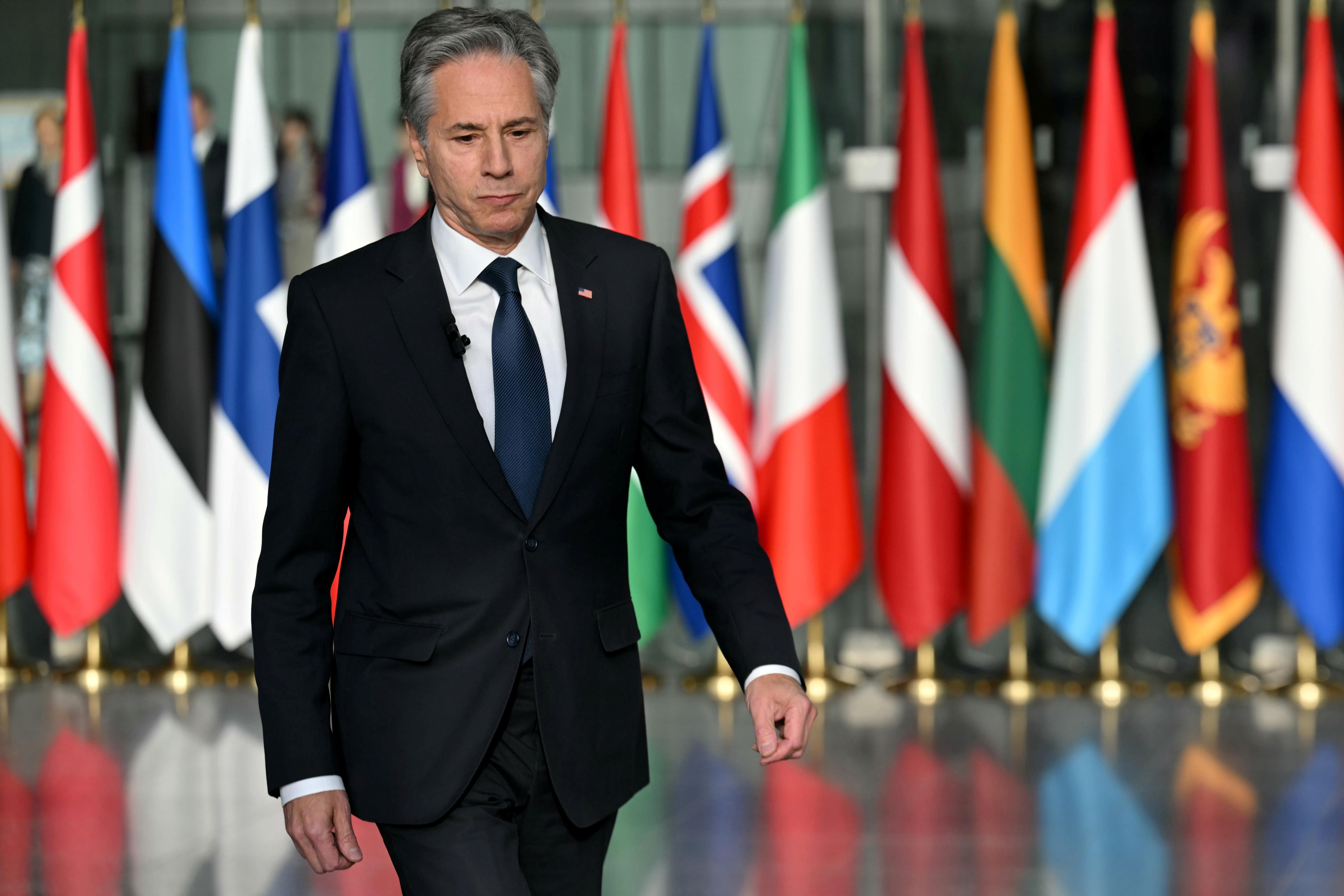 El Secretario de Estado de Estados Unidos, Antony Blinken, antes de comparecer ante los medios esta mañana en Bruselas