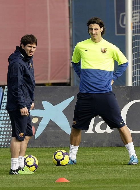 Messi e Ibrahimovic, durante el entrenamiento