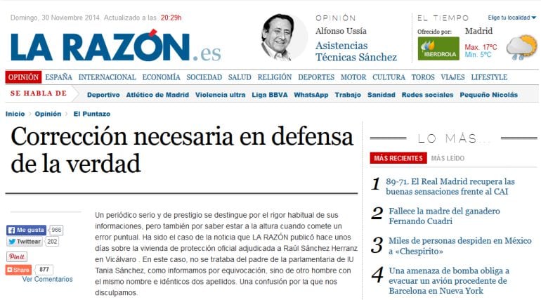 Captura de la rectificación del diario &#039;La Razón&#039;