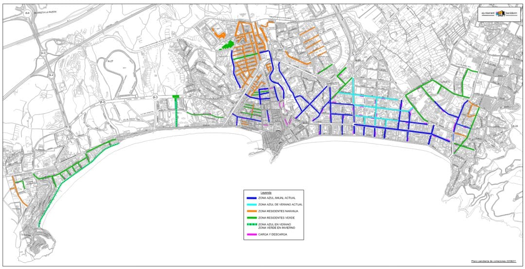 Plano de la ciudad con las distintas zonas de estacionamiento