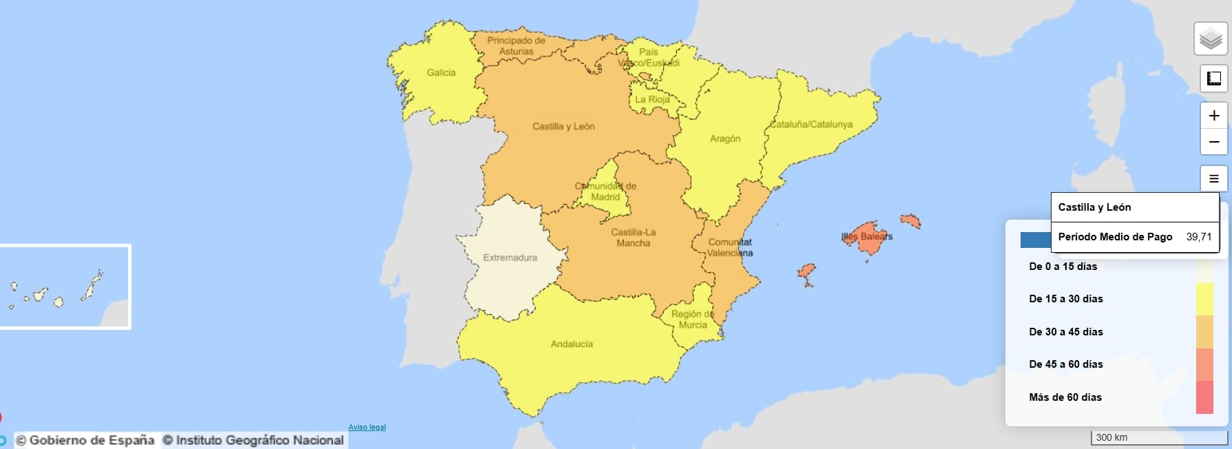 Mapa de color con el periodo medio de pago a proveedores de las administraciones regionales/ Ministerio de Hacienda