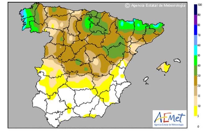 Mapa de probabilidad de lluvias para este sábado