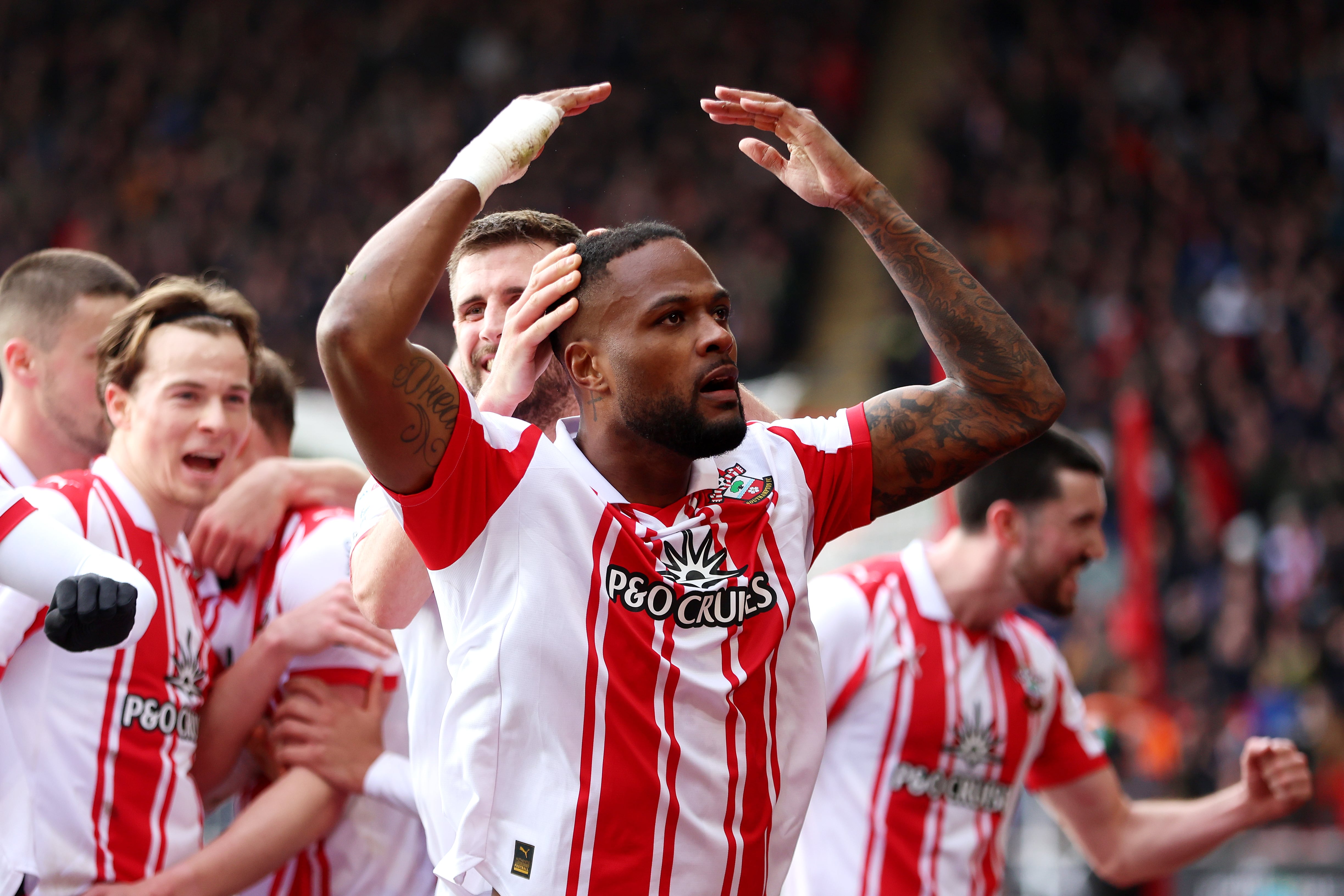 Southampton's Cyle Larin celebrates scoring their side's first goal during the Sky Bet Championship match at St Mary's Stadium, Southampton. Picture date: Saturday February 7, 2026. (Photo by Steven Paston/PA Images via Getty Images)