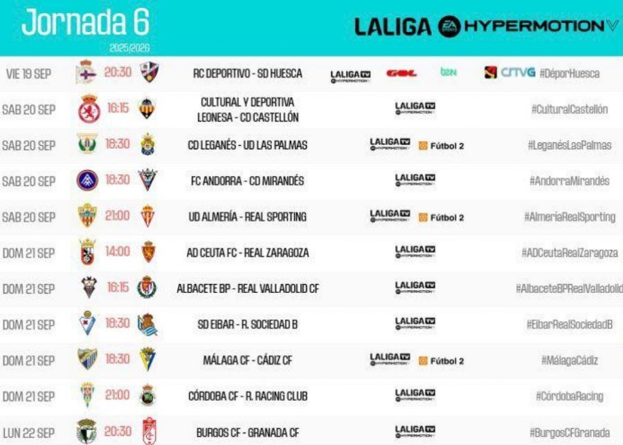 Horarios de la sexta jornada de la Liga Hypermotion