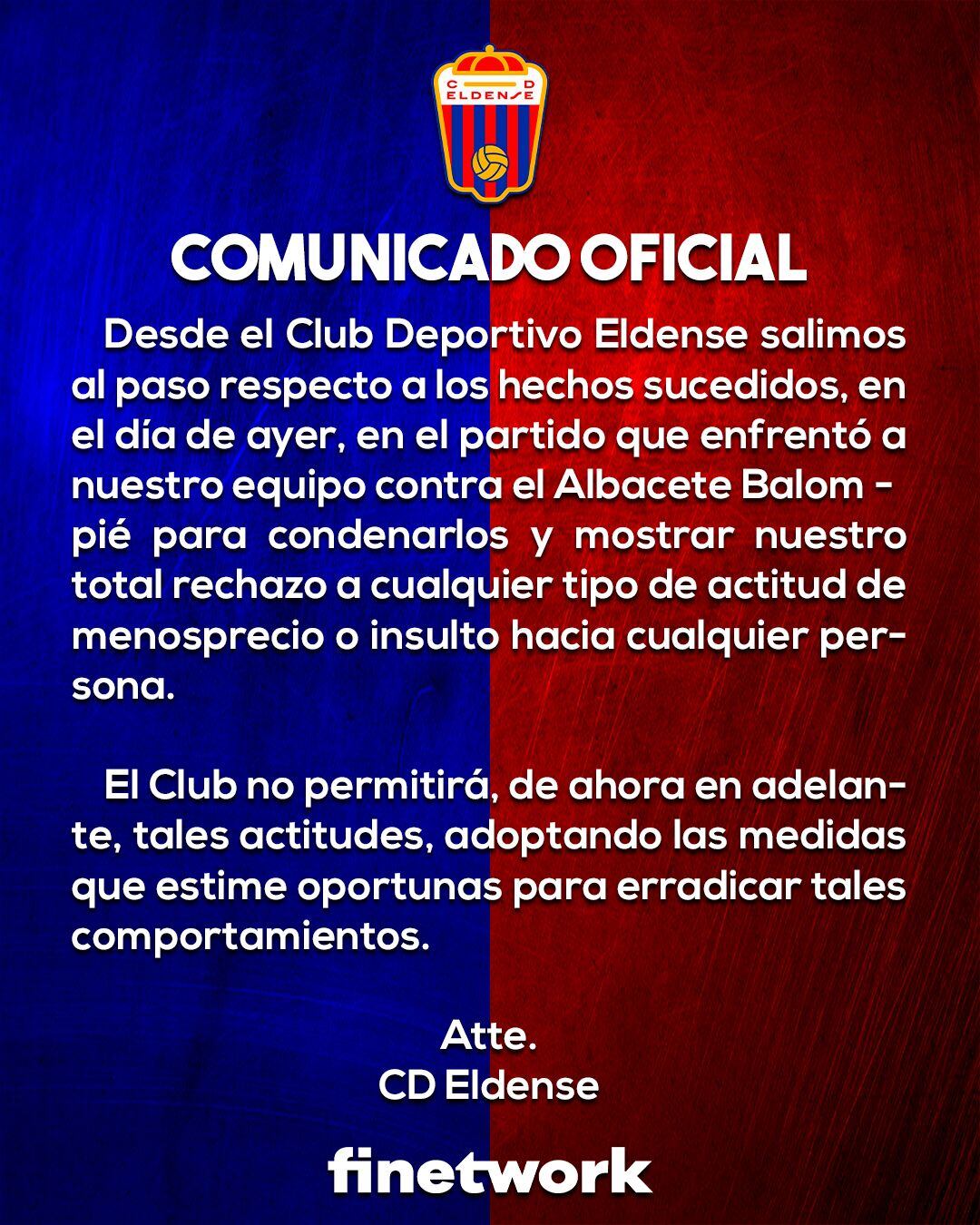 Comunicado del Eldense condenando los insultos a sus jugadores