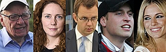 Rupert Murdoch, Rebekah Brooks, Andy Coulson, el príncipe Guillermo y Sienna Miller