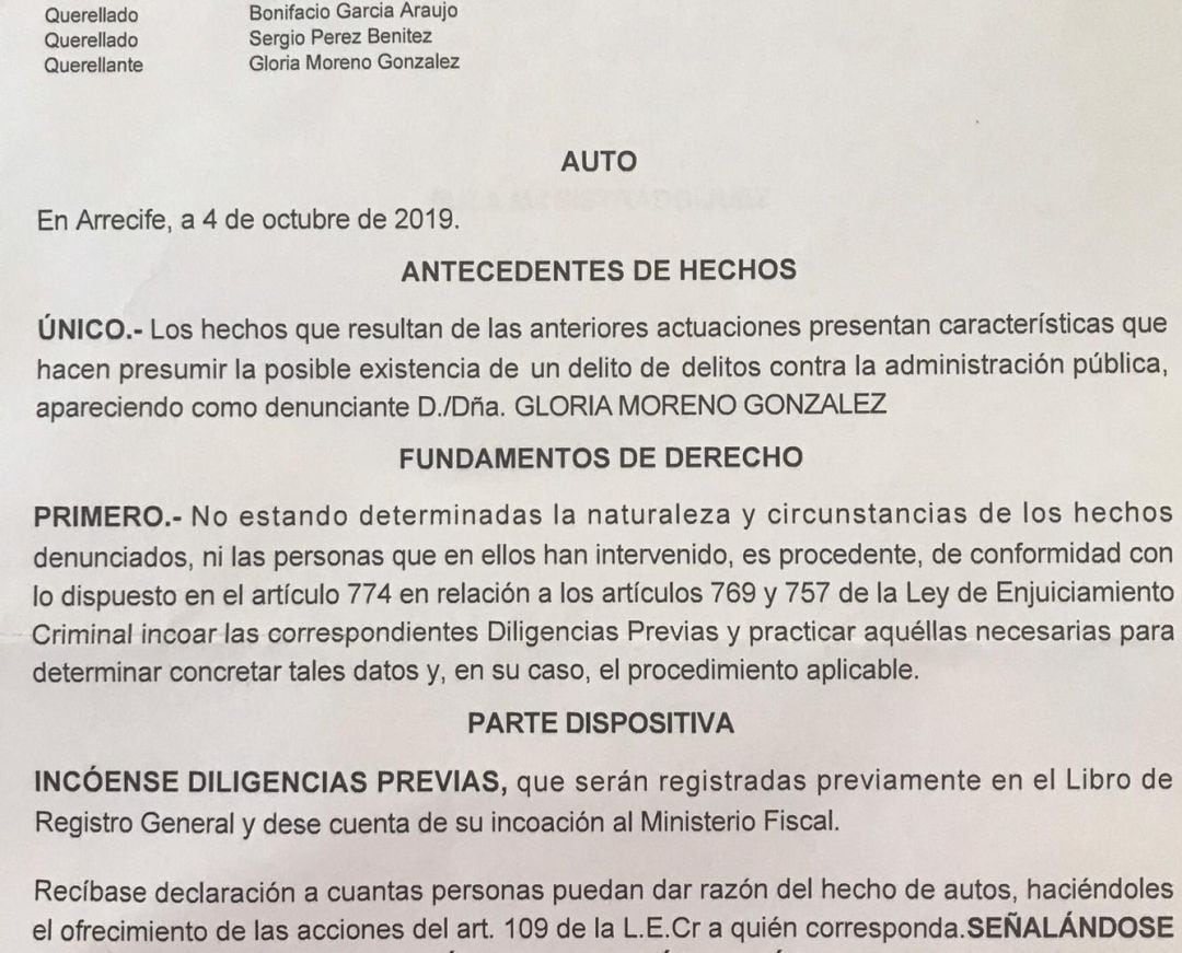 Diligencias previas a las que ha tenido acceso SER Lanzarote