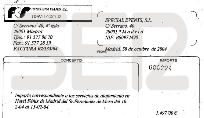 Factura expedida por Pasadena Viajes por el alojamiento de Fernández de Mesa y abonada por Special Events