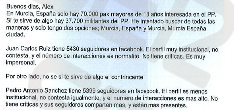 Correo electrónico intervenido por la Guardia Civil en el que un trabajador explica a Alejandro de Pedro el posicionamiento en redes sociales de Juan Carlos Ruiz y de Pedro Antonio Sánchez, cuando peleaban por el liderazgo del PP en Murcia.