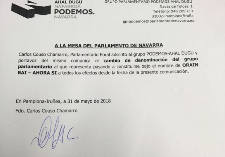 Registro del cambio de nombre de Podemos en el Parlamento navarro