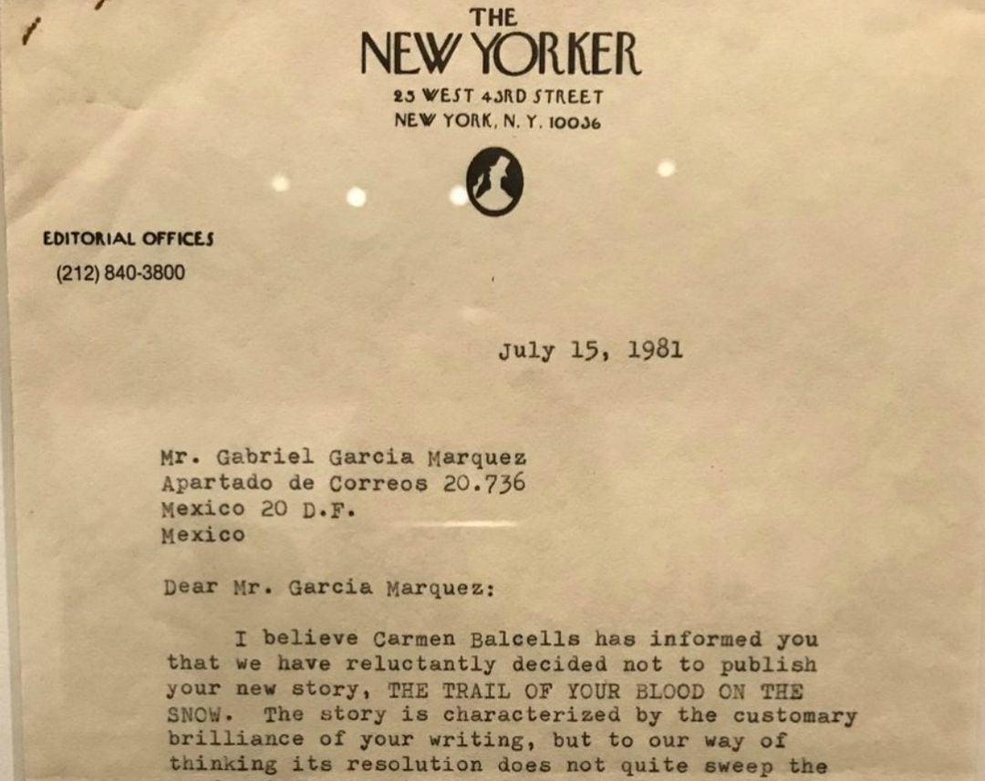 Parte de la carta de rechazo de &#039;The New Yorker&#039; a García Márquez