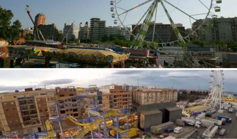 La feria de atracciones seguirá instalándose en julio en el jardín del Turia (arriba) y en los terrenos del Grao (abajo)