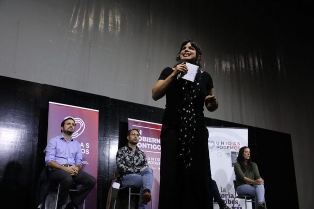 Teresa Rodríguez, durante la celebración de un mitin en Sevilla.