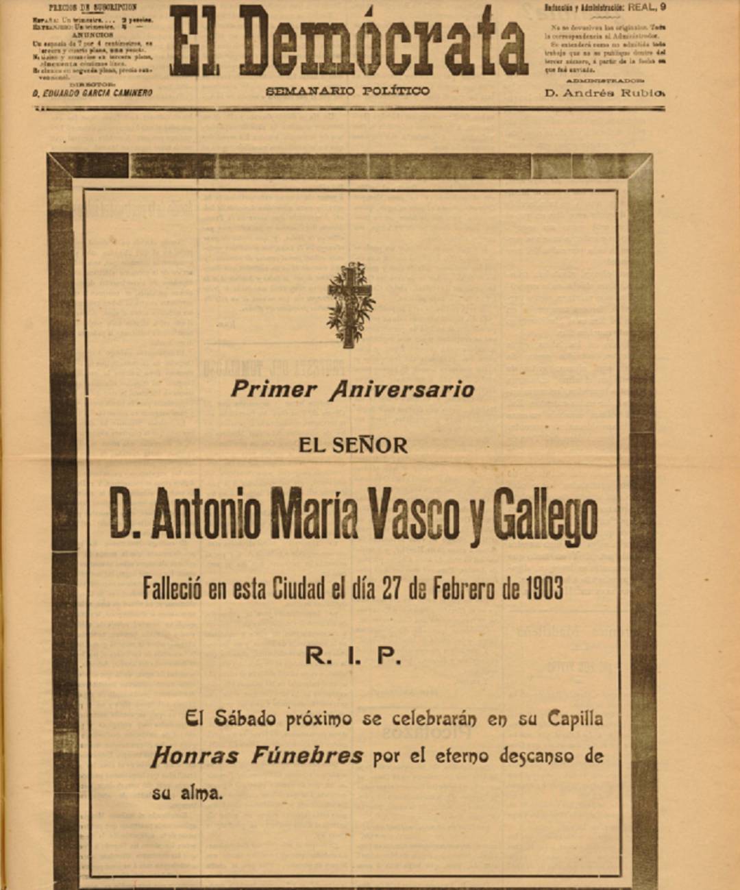 Portada de El Demócrata del 23 de febrero de 1904